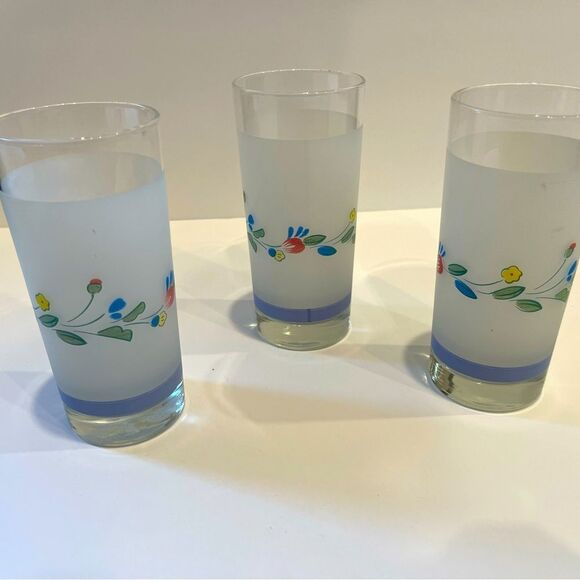 Other - Vintage Frosted Glass Floral Tumblers | Color: Blue/Yellow/White.